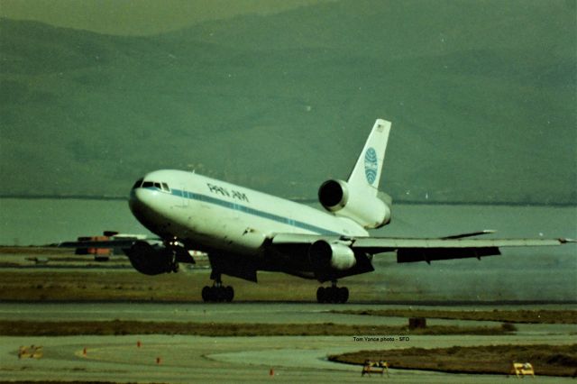 McDonnell Douglas DC-10 (N6XNA) - KSFO - Pan AM DC-10 landing 28L at San Francisco about Summer 1977 - I used a 1000mm Celestron Lens on a Minolta SRT-102 - color slide converted to Digital and my usual crummy editing.