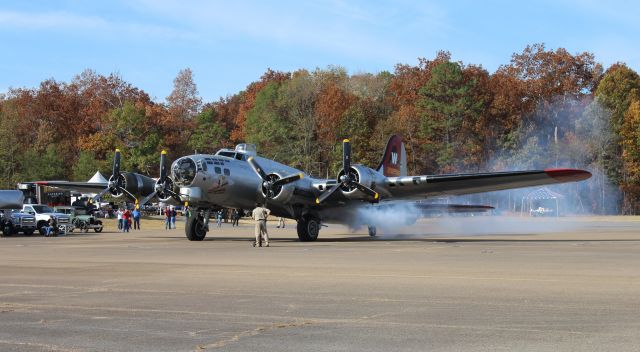 Boeing B-17 Flying Fortress (N5017N) - Port inboard engine start on the EAAs Boeing B-17G "Aluminum Overcast" at Folsom Field, Cullman Regional Airport, AL - November 5, 2016.