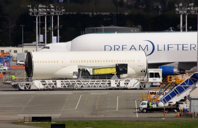 Boeing Dreamlifter (N249BA) - 787 fuselage just unloaded from LCF N249BA at Paine Field April 11, 2013.