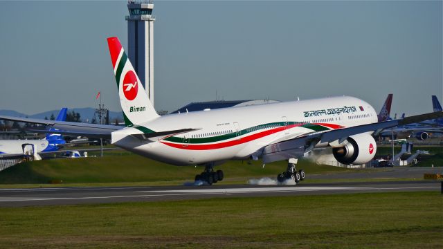 BOEING 777-300 (S2-AHN) - BOE219 from KARA touches down on Rwy 16R on 3/12/14. (LN:1186 cn 40121). The aircraft was returning after having been painted.