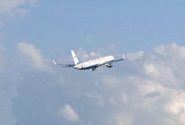 Boeing 757-200 (90015) - MORRISTOWN, NEW JERSEY, USA-AUGUST 09, 2019: A United States Air Force jet, registration number N90015, is seen taking off from Morristown Municipal Airport's runway 23 shortly after landing with President Donald Trump on board. The President is on vacation and Air Force One will be kept elsewhere while he is in New Jersey for ten days or so. The Air Force uses the smaller 757-200 when flying into Morristown because of the shorter runways.