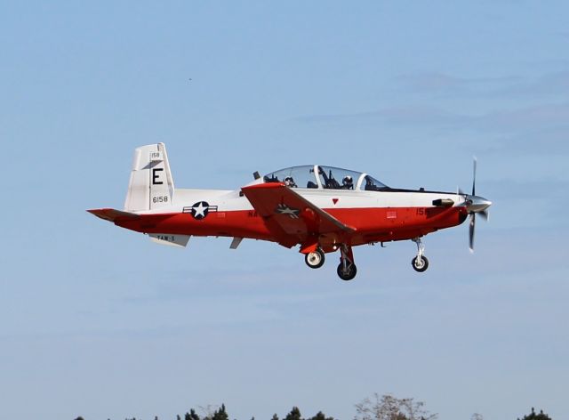 Raytheon Texan 2 (N6158) - U.S. Navy Beechcraft T-6B Texan II 6158 from Training Air Wing 5 based in Milton, FL, approaching touchdown on Runway 9 at Jack Edwards National Airport, Gulf Shores, AL - March 16, 2017. 