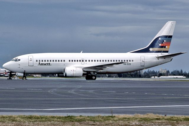 Boeing 737-800 (VH-VZG) - ANSETT AIRLINES OF AUSTRALIA - BOEING 737-377 - REG : VH-CZG (CN 23659/1292) - WEST BEACH ADELAIDE SA AUSTRALIA - YPAD 1/8/1987 35MM SLIDE CONVERSION USING A LIGHTBOX AND A NIKON L810 DIGITAL CAMERA IN THE MACRO MODE.