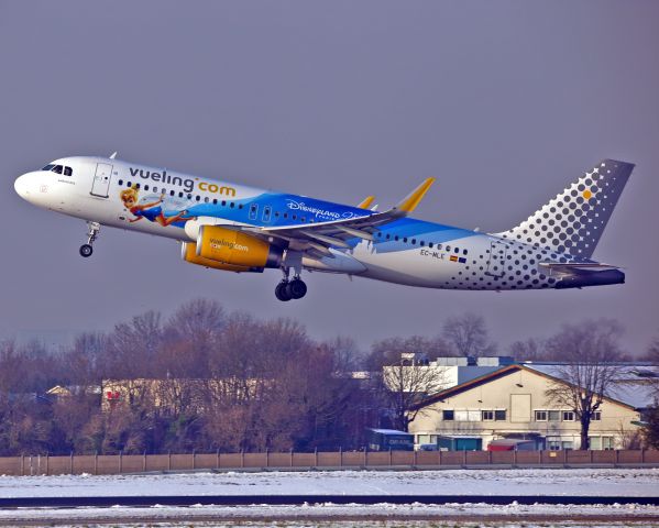 Airbus A320 (EC-MLE) - Snow in ORY. Take off runway 06.Livery"Fée Clochette"