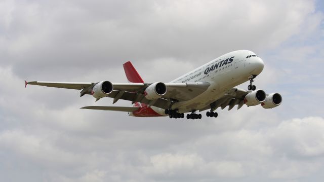 Airbus A380-800 (VH-OQH) - Coming in for a landing as seen from near Founder's Plaza on 5/26/2019.