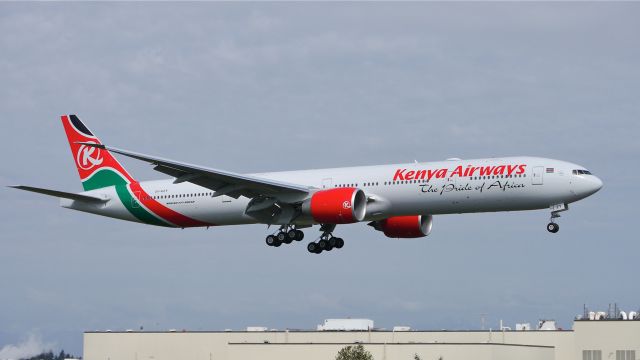 BOEING 777-300 (5Y-KZY) - BOE377 from KPDX on final to Rwy 16R on 4/21/14. The aircraft was returning after being painted.