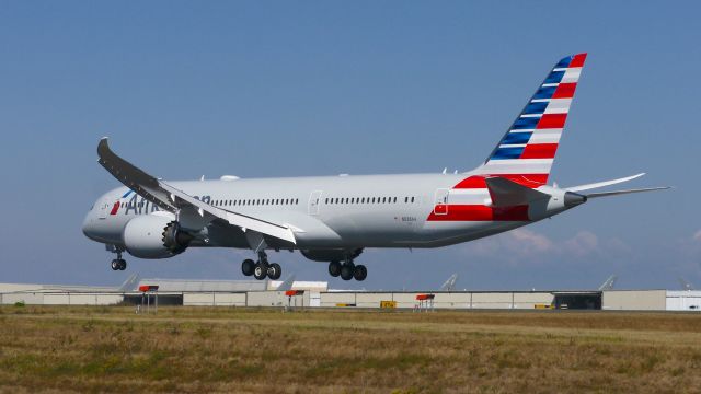 Boeing 787-9 Dreamliner (N838AA) - BOE748 on short final to Rwy 34L to complete a B2 flight on 8.27.18. (ln 748 / cn 40659).