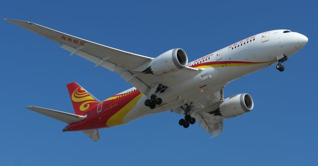 Boeing 787-8 (B-2750) - One of my best shots yet. A belly shot of a Hainan 787-8 and also caught the beacon.