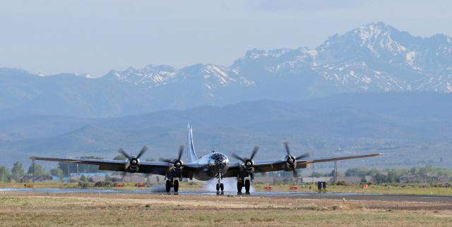 Boeing B-29 Superfortress (N69972) - "Doc,' a fabulous-looking B-29, touches down in the dinner hour at Minden Tahoe Airport.br /br /My sincere Thanks to Frank, Bobbi, and Thomas for permitting me to be at the runway's edge for Doc's arrival.  