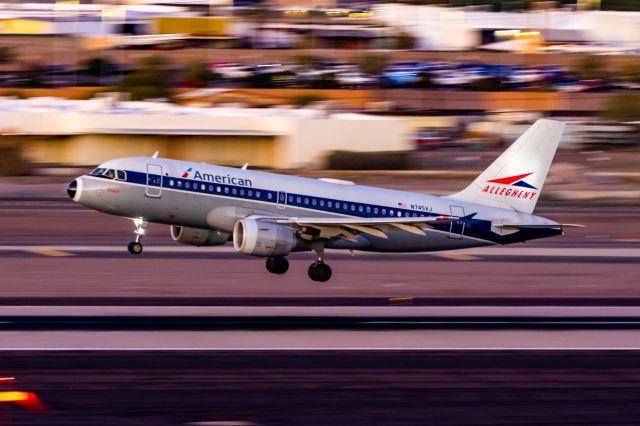 Airbus A319 (N745VJ) - American Airlines A319 in Allegheny retro livery landing at PHX on 12/9/22. Taken with a Canon R7 and Tamron 70-200 G2 lens.