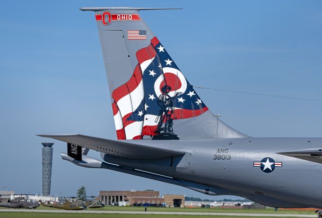 Boeing C-135FR Stratotanker (63-8013) - Here’s a close up of EDDIE94 Heavy’s tail flash after arriving at the CenterPoint Energy Dayton Airshow Friday, 20 Jun 2025 with the brand-new artwork from the 121st Air Refueling Wing, Rickenbacker Air National Guard Base, Columbus, Ohio, making its debut at the Dayton Airshow last weekend. The fresh paint features the Ohio state flag blended with the Nation Guard Minuteman insignia and modified scarlet, black, and white milky way stripe running diagonally down the fuselage over the existing heritage OHIO AIR GUARD script and racing stripe, which was completed earlier this month.