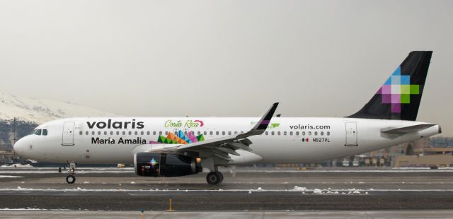 Airbus A320 (N527VL) - Having arrived at Reno Tahoe International earlier this afternoon, Volariss "Maria Amalia" (A320 ..  N527VL), wearing the wonderfully colorful Costa Rica paint, is enroute back to Guadalajara even as I am posting this pic of it taken four and a half hours ago as it was landing on RNOs runway 16L in the rain.br /The design, celebrating VOIs route to Costa Rica, added a welcome splash of color to a wet and dismal afternoon environment at RTIA.  And it wasnt only the paint that brightened up the day ... because the name on the aircraft, "Maria Amalia, is guaranteed to remind everyone of the gorgeous woman the plane is named for ... Maria Amalia Matamoros / Maria Amalia Matamoros Solis (Miss World Costa Rica 2008, Miss Pan American International 2014, and Costa Ricas contestant in the Miss Intercontinental 2016 pageant).  If there is anyone who has never seen "Maria Amalia, just go to your favorite search engine, enter her full name, and be dazzled by this unbelievably beautiful young lady.br /* Viewing this photo at its actual size (FULL) will present it in best quality. *