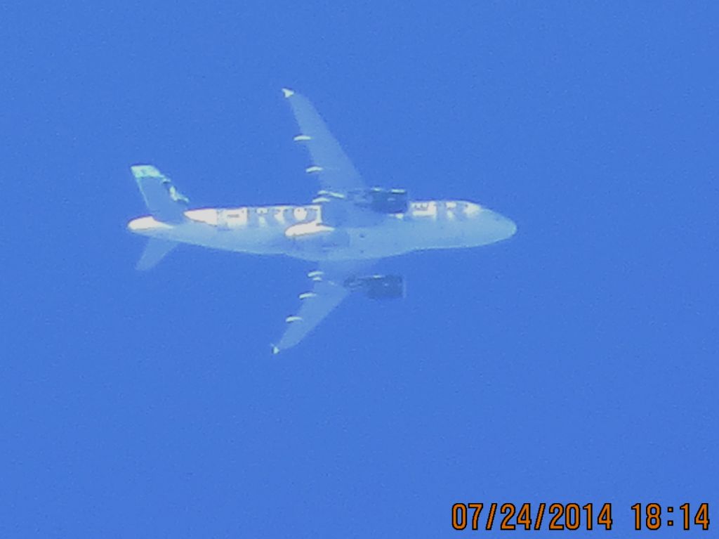 Airbus A319 (N905FR) - Frontier Airlines flight 226 from DEN to Branson Mo over Baxter Springs KS (78KS)at 30k feet. This flight starts its decent into Branson just as it comes over.