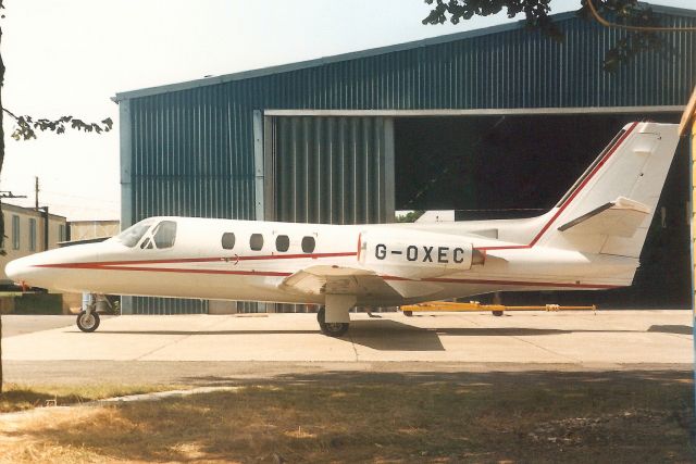 Cessna 500 Citation 1 (G-OXEC) - Seen here in Aug-89.br /br /Reregistered G-OCPI 23-Jul-91,br /then N62BR 20-Sep-97,br /then exported to Venezuela 22-Apr-08 as YV317T.