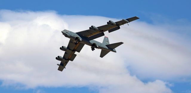 Boeing B-52 Stratofortress (60-0059) - "The Devils Own," the 96th Bomb Squadron "Red Devils" COs B-52H (60-059), makes a low "gear down" pass in front of the grandstand and VIP chalets at the 2018 National Championship Air Races (ie: Reno Air Races) earlier this month. The 96th BS is a unit of the 2nd Operations Group, Barksdale AFB, Louisiana.