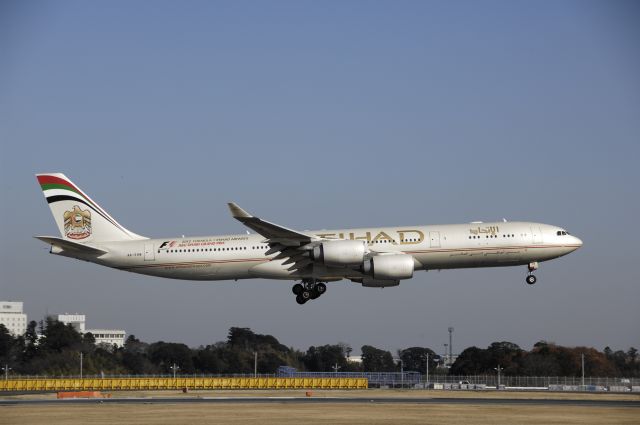 Airbus A340-500 (A6-EHB) - Landing at NRT Airport Runway 16R on 2011/12/12