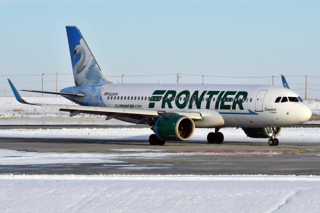 Airbus A320neo (N324FR) - Frontier(Summer the Swan Livery) arriving at YYC on Nov 25.