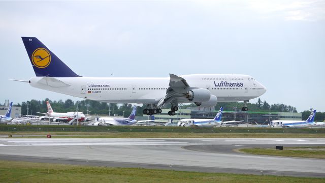 BOEING 747-8 (D-ABYD) - BOE24 nears touchdown to runway 16R to complete a flight test on 8/6/12.br /The aircraft is a B747-830, LN:1453, c/n 37829.