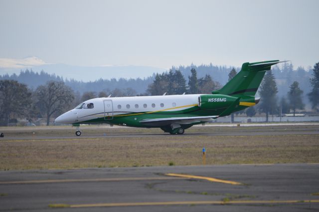 Embraer Legacy 550 (N558MG) - Departing on 34 for Redmond (KRDM/RDM) after a quick turnaround. My first time seeing the new Praetor 600!