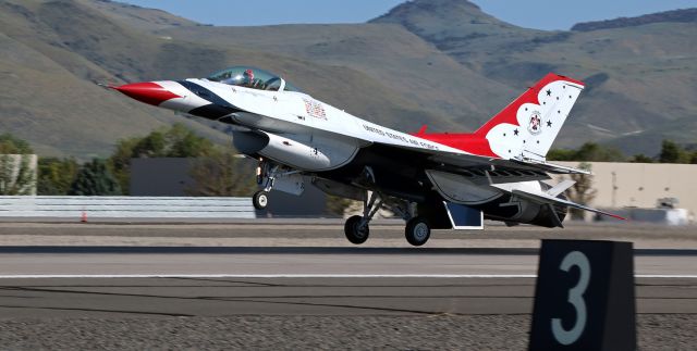 Lockheed F-16 Fighting Falcon — - Thunderbird Number Four is just about to touch the tires to the concrete for an overnight stay in Reno.