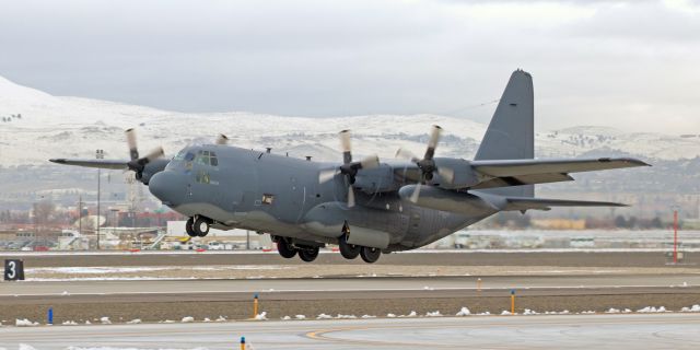 Lockheed C-130 Hercules (69-5828) - The first photo of 69-5828 to be posted into FAs photo gallery captures this Lockheed MC-130P Combat Shadow just off runway 16L and on the climb into an overcast sky over Reno Tahoe International.  It has been flying sorties out of RNO for several days, and Ive been snapping hundreds of clicks of it.br /These Combat Shadow Hercs have now become quite rare in the air.  The USAF retired their last two a couple of years ago.  69-5828 is one of four MC-130Ps still being flown out of KNUQ (Moffett) by the 129th Rescue Wing of the California ANG, but its days (as well as the days of the other three) are numbered.