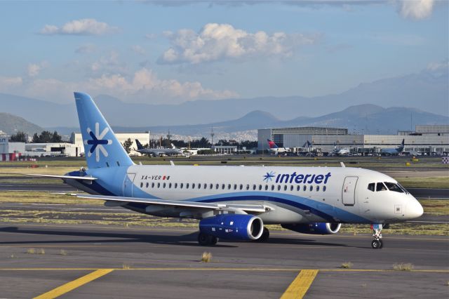 Sukhoi Superjet 100 (XA-VER) - Sukhoi Superjet 100-95B XA-VER MSN 95081 of Interjet (Ceased operations july 2021) is taxiing for take off from 05L runway at Mexico City International Airport (10/2020).