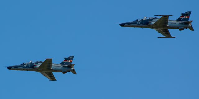 Boeing Goshawk (A2727) - Two Hawks (A27-27 and A27-28) depart RAAF Base Williamtown on Runway 12.