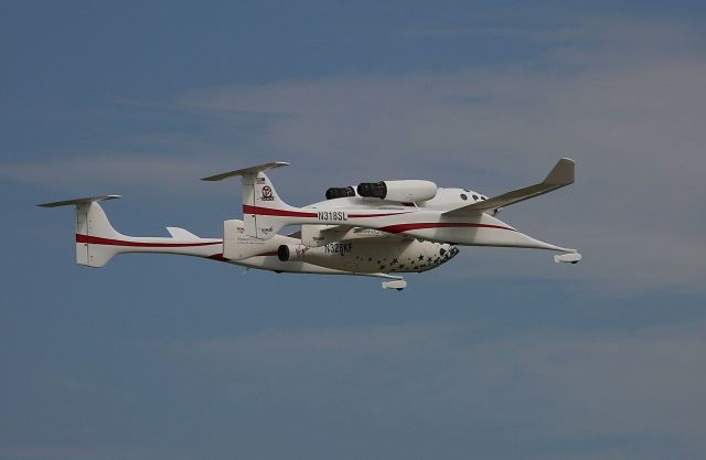 N318SL — - Going away shot of the White Knight and Space Ship One after a fly by at the EAA Fly In 7-30-2005.