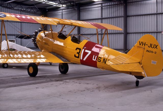 VH-JUX — - BOEING A75N1 STEARMAN - REG VH-JUX - (EX N17NY) (CN 75-2519) - GOOLWA AIRPORT SA. AUSTRALIA - YGWA 9/6/1990