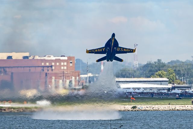 McDonnell Douglas FA-18 Hornet (16-5539) - The US Navy Blue Angels #6 jet solo low-level takeoff kicking up some water on Lake Erie on a beautiful afternoon as we watched from the Goodtime III Cruise Ship at the Cleveland National Air Show on Labor Day 2024.