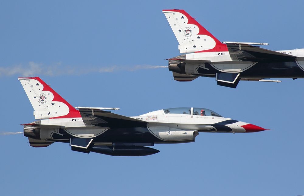 Lockheed F-16 Fighting Falcon — - Thunderbird #4 keeping a close eye on the aircraft above. Amazing performance! Questions about this photo can be sent to Info@FlewShots.com