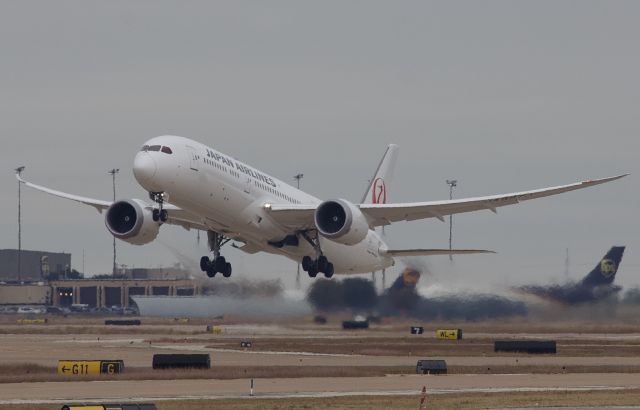 Boeing 787-8 (JA867J) - Departing a cold and dreary DFW for Tokyo (please view in “full” for highest image quality)