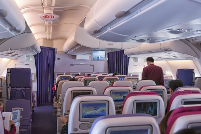 Airbus A380-800 (HS-TUE) - 6th April, 2015; Thai A380 has an economy cabin at the aft section of the upper deck. The seat configuration is 2-4-2; window seats have a little cabinet as storage space between the seat and the window which is very convenient for stowing cameras, pillows and blankets during the flight. This shot was taken shortly after take-off from BKK en route to NRT.