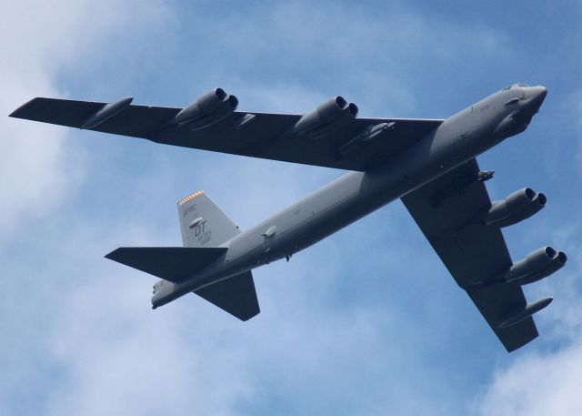 Boeing B-52 Stratofortress (60-0031) - At Barksdale Air Force Base. You dont see this one BUFF too often with the OT tail. It is part of the 49th Test and Evaluation Squadron. Gear up, no flaps, he was moving at a speed you usually dont see at Barksdale. And also deafening!