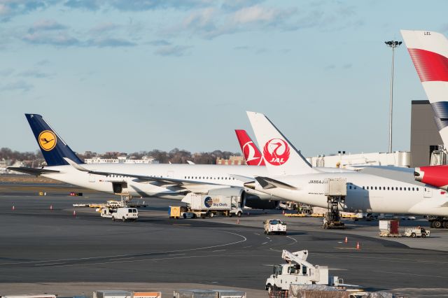 Airbus A350-900 (D-AIXA) - The airport of the future! A Lufthansa A350, Japan Airlines 787-9 and British Airways A380 parked at Logans terminal E.