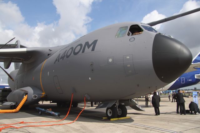 AIRBUS A-400M Atlas — - The A400M the new military transport taking a rest from certification duties, seen here on static display at the Paris Airshow 2011. It was aslo meant to fly a display routine, but unfortunately it developed engine issues, allowing the C130J to steal the show with it's outstanding aerial display.