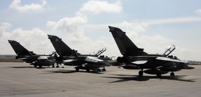 — — - British Tornado fighters on the ramp in Calgary in preparation for Maple Flag at Cold Lake, AB