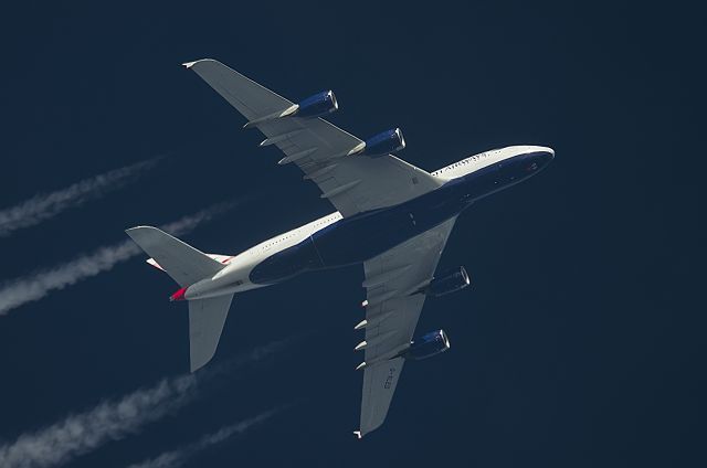 Airbus A380-800 (G-XLED) - 9/10/2016 British Airways Airbus A380 G-XLEC passes overhead Lancashire, England,UK at 35,000ft returning to London Heathrow from SFO as BA286. Photo taken from the ground using telescope and Pentax K-5 DSLR Combo.