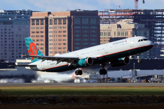 Airbus A321 (N580UW) - American A321 in America West retro jet livery departing Boston Logan on 11/11/23. 