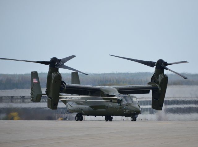 Bell V-22 Osprey (16-8332) - PRESIDENTIAL / USMC OSPREY touching down on runway at Gander Airport, Newfoundland on May 28, 2015. Overnighted here before crossing " The Pond " the next day.