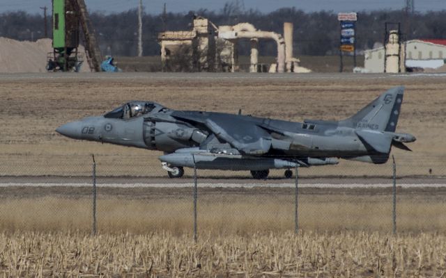 Boeing Harrier (16-5356) - AV-8B Harrier II+ taxiing to the hold short line at Rick Husband International Airport in Amarillo, Texas.  Aircraft serial 273. Modex CG-09. Aircraft from VMA-231 Ace of Spades squadron, Cherry Point, North Carolina.  Taken on 2-27-2009.