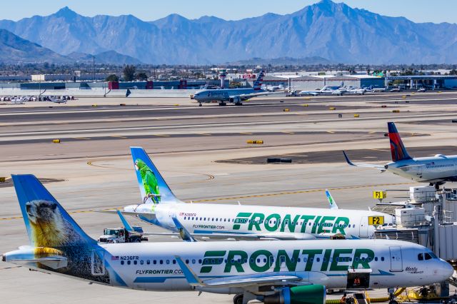 A320 — - A Frontier Airlines A320 "Marty the Marmot" parked at PHX on 2/10/23 during the Super Bowl rush. Taken with a Canon R7 and Canon EF 100-400 II L lens.