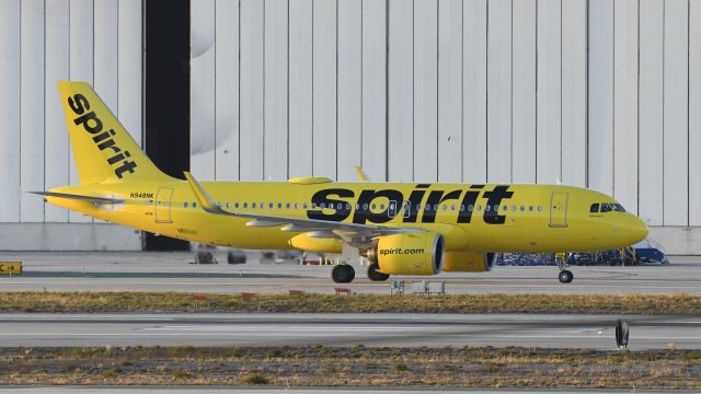 Airbus A320neo (N948NK) - Taxiing to gate at LAX on taxiway Bravo
