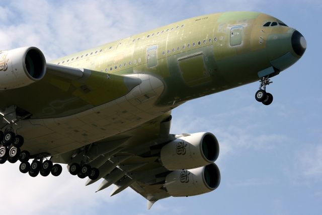 Airbus A380-800 (F-WWAS) - Airbus A380 with a provisional registration prior to delivery to Emirates,on final approach to runway 32L to complete a flight test, Toulouse Blagnac Airport(LFBO-TLS) in april 2012.