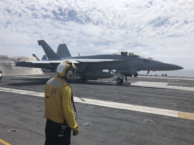 McDonnell Douglas FA-18 Hornet (VFA151407) - A F/A-18E Super Hornet of VFA-151 gets set for launch off a waist catapult of CVN-74 U.S.S. John C. Stennis in the Pacific Ocean on Saturday, April 21, 2018.  