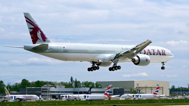 BOEING 777-300 (A7-BEV) - BOE835 on short final to Rwy 16R to complete a C1 flight on 5.4.18. (ln 1556 / cn 65303).