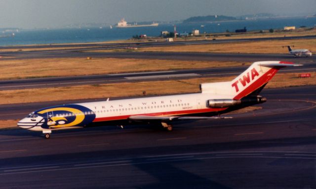 BOEING 727-200 (N64347) - From August 1997 - TWA B722 wearing St. Louis Rams Helmet arrives at Boston Logan.