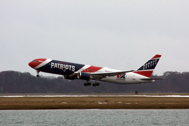 BOEING 767-300 (N36NE) - New England Patriots B767-300 departing Boston Logan chartering Health Care workers to the Super Bowl on 2/7/21.  