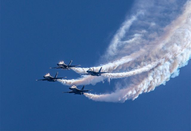 McDonnell Douglas FA-18 Hornet — - The fabulous Blue Angels at the bottom of a huge loop with heavy smoke engaged on all four aircraft. Questions about this photo can be sent to Info@FlewShots.com