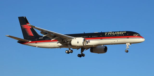 Boeing 757-200 (N757AF) - The old saying is, "Third time lucky," but in this case, for me, it was, "Fifth time lucky."  In every one of Donald Trumps previous four visits to northern Nevada, I was not able to get a click of his "Trump" B757 in the air, but yesterday, as he made his final pre-Election Day campaign visit here, I got the shot Ive been trying for.br /N757AF is captured here just 24 hours ago in a gorgeous late afternoon sky as it completes its s/final approach to RTIAs runway 16L after a long flight from Wilmington, N. Carolina.br /To view this pictures best quality, I suggest skipping both of the Thumbnails and clicking on FULL.  (Wave)